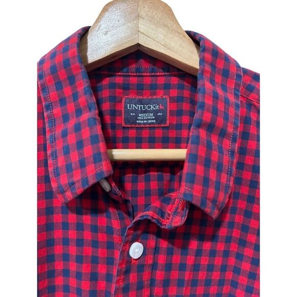 UNTUCKit Gingham Cotton Long Sleeve Classic Button Up Shirt Red Navy Size Medium - Picture 4 of 12